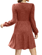 🍂2025 Autumn Women's Soft Ribbed Square Neck Dress | Lantern Sleeves for Timeless Autumnal Elegance!🍁