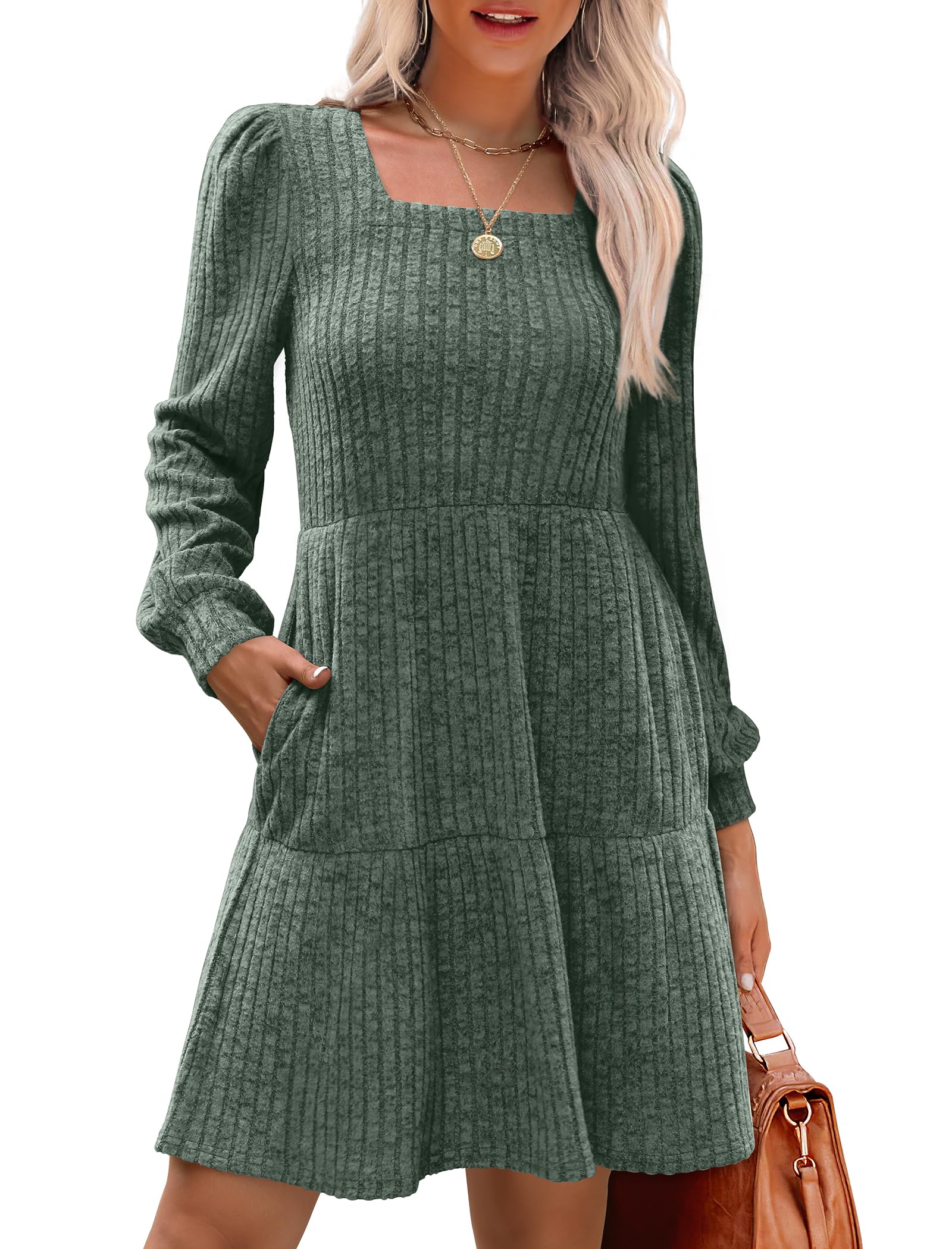 🍂2025 Autumn Women's Soft Ribbed Square Neck Dress | Lantern Sleeves for Timeless Autumnal Elegance!🍁
