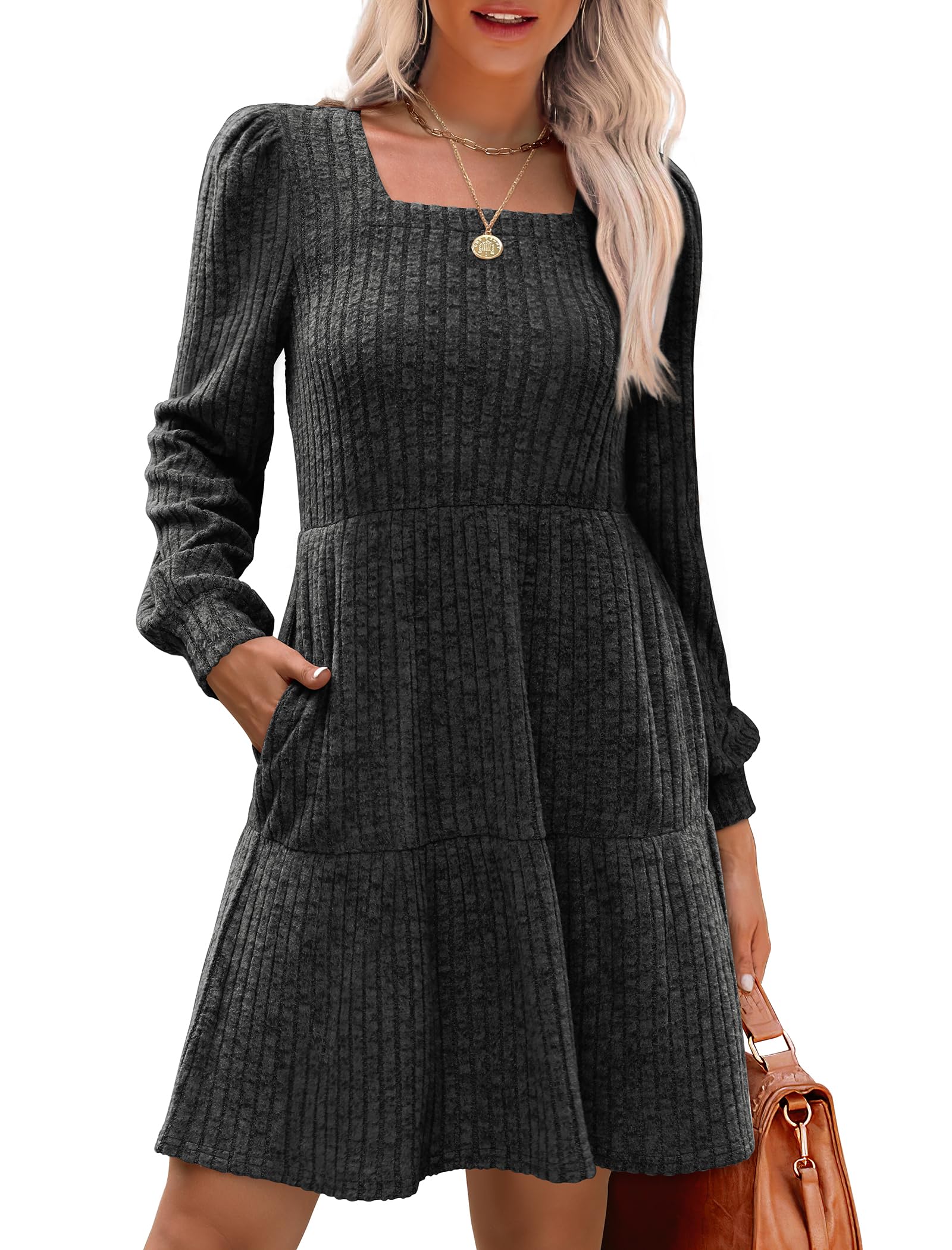 🍂2025 Autumn Women's Soft Ribbed Square Neck Dress | Lantern Sleeves for Timeless Autumnal Elegance!🍁