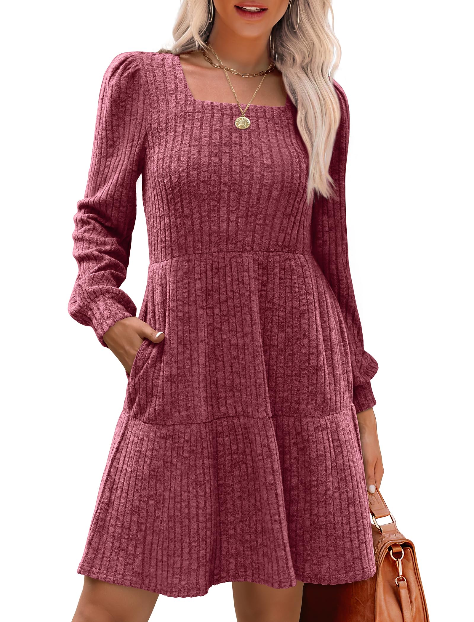 🍂2025 Autumn Women's Soft Ribbed Square Neck Dress | Lantern Sleeves for Timeless Autumnal Elegance!🍁