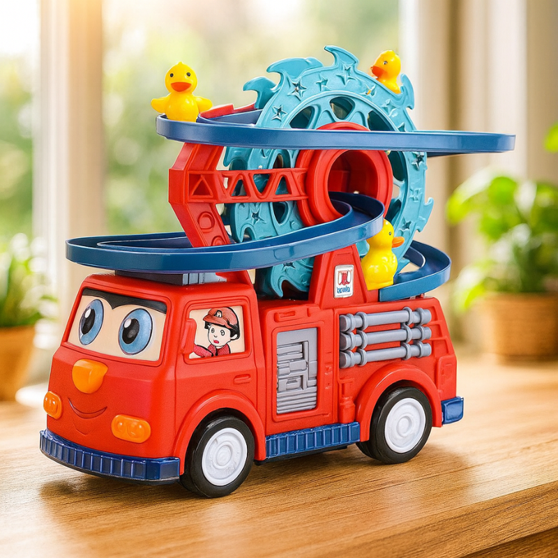 Musical fire truck with spinning slide
