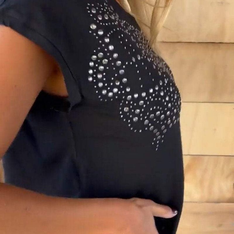 💥 Special sale 👚 women's solid color short sleeve t-shirt with hot print and frayed hem