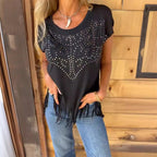 💥 Special sale 👚 women's solid color short sleeve t-shirt with hot print and frayed hem