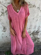 💃Big price reduction！✨Women's Loose V-neck Cotton Linen Dress✨