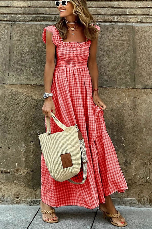 🥰  Selected high-quality linen fabric, breathable and skin-friendly! Simple plaid suspender dress