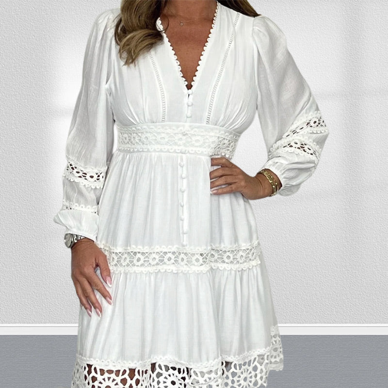 Final party! 💖 Vintage V-neck hollow lace white dress, stunning finale with a 56% discount.