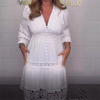 Final party! 💖 Vintage V-neck hollow lace white dress, stunning finale with a 56% discount.