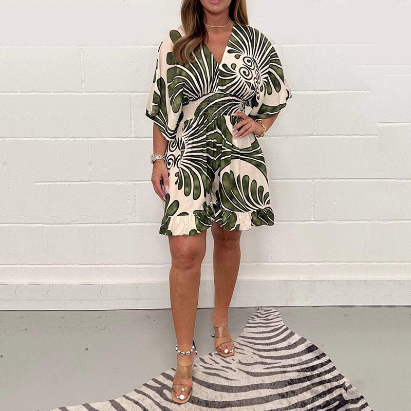 💕Last day! Only £12.98 - Women's Plant - Printed Casual Short Jumpsuit