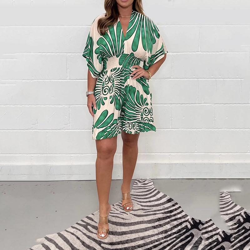 💕Last day! Only £12.98 - Women's Plant - Printed Casual Short Jumpsuit