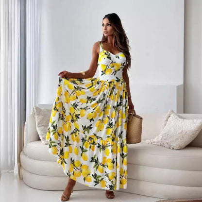 🍋Women’s Elegant Lemon Print Spaghetti Strap Flowy Long Dress