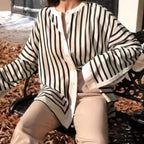 Casual Striped Round Neck Button Front Blouse
