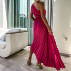 Asymmetrical Pleated Dress with Slant Neckline