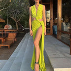 🎉Summer Hot Sale🔥😍V-Neck Waist Cutout Pleated Slit Long Dress