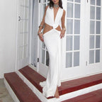 🎉Summer Hot Sale🔥😍V-Neck Waist Cutout Pleated Slit Long Dress