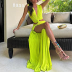 🎉Summer Hot Sale🔥😍V-Neck Waist Cutout Pleated Slit Long Dress