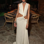🎉Summer Hot Sale🔥😍V-Neck Waist Cutout Pleated Slit Long Dress