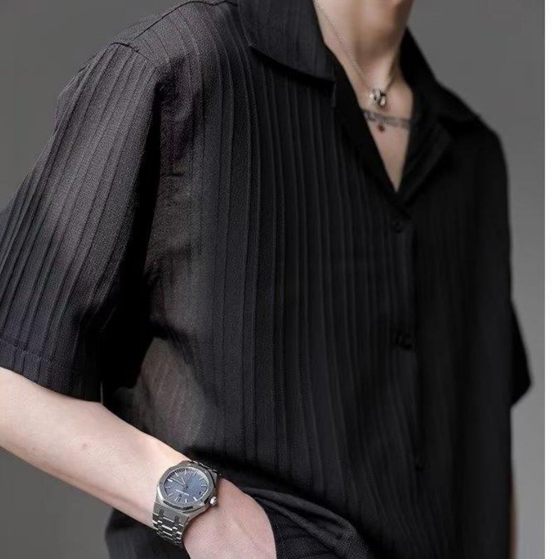 Men's Short-Sleeved Thin Shirt with Cuban Collar