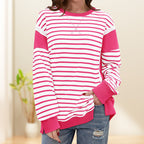 Stylish Round Neck Striped Colorblocking Tops