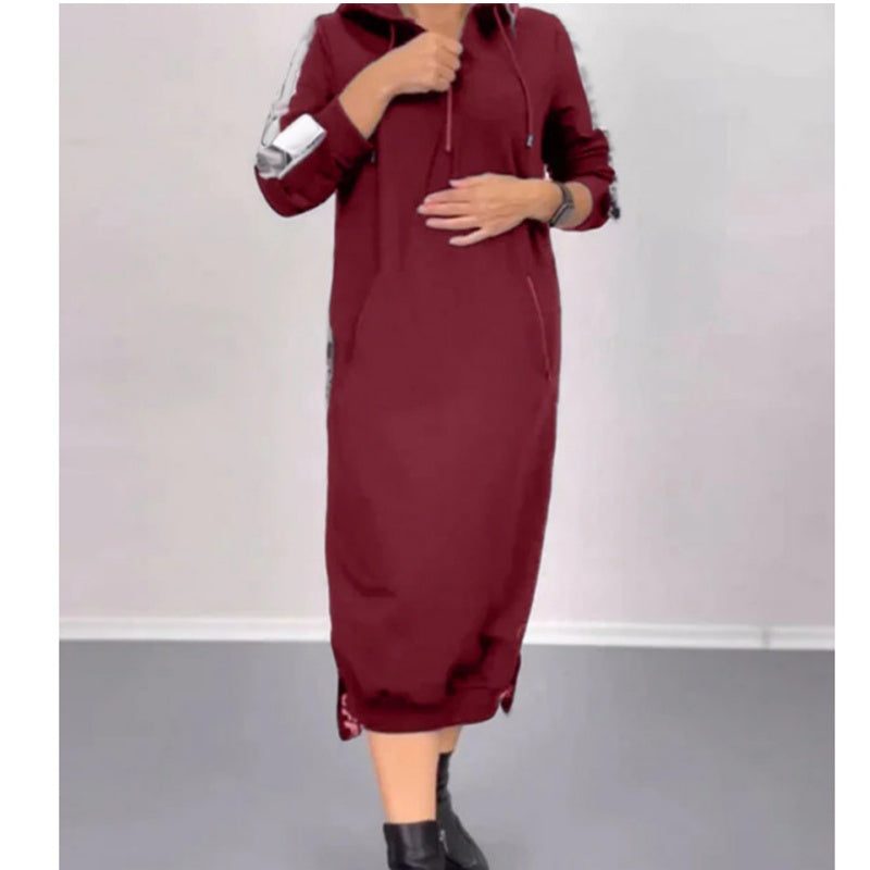 Side slit zip-collar hooded fall dress