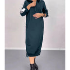 Side slit zip-collar hooded fall dress