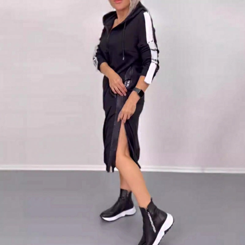 Side slit zip-collar hooded fall dress