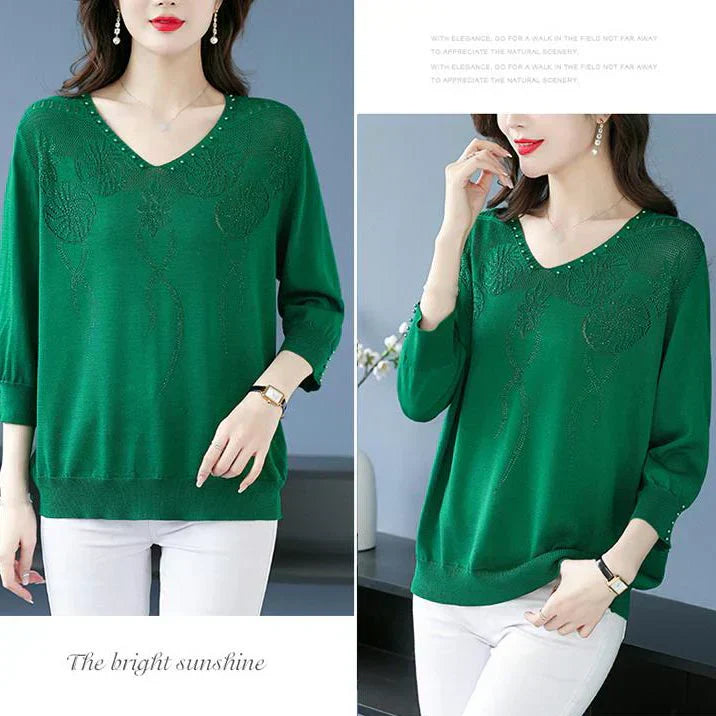 🎅Christmas Pre-sale🥰Women’s Vintage V-neck Beaded Pullover Shirt
