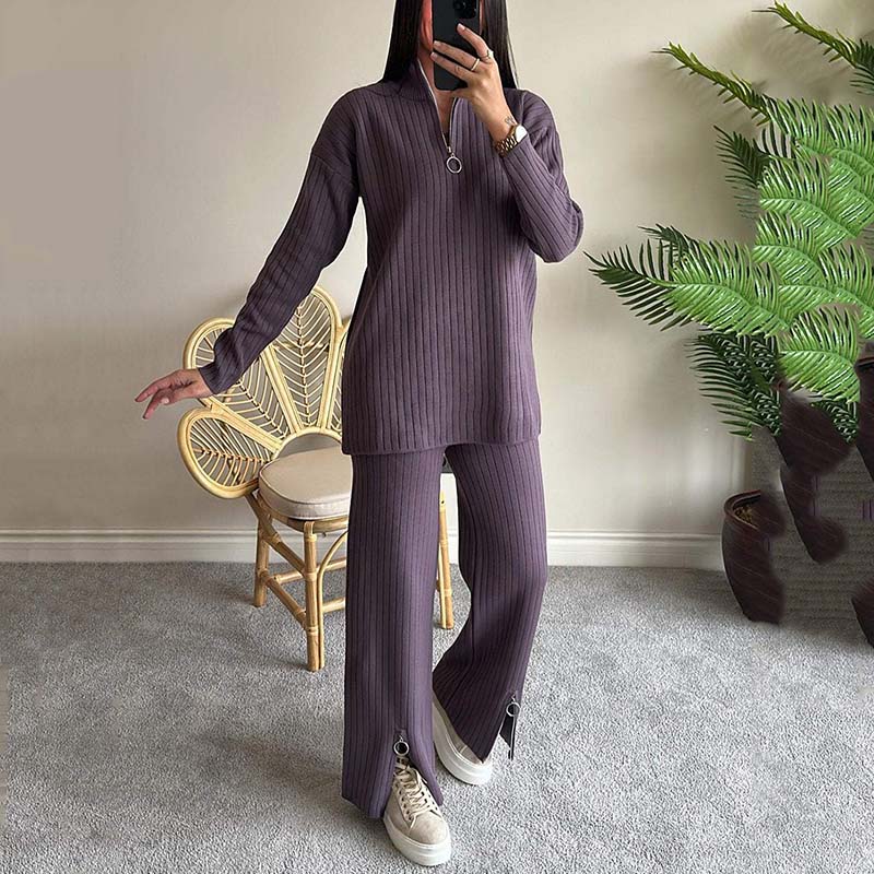 ✨New Arrival✨Women's Cozy Ribbed Knit Two-Piece Set with Slit-Leg Pants💕