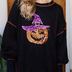 Chic Women's Glittering Pumpkin Wizard Halloween Sweatshirt