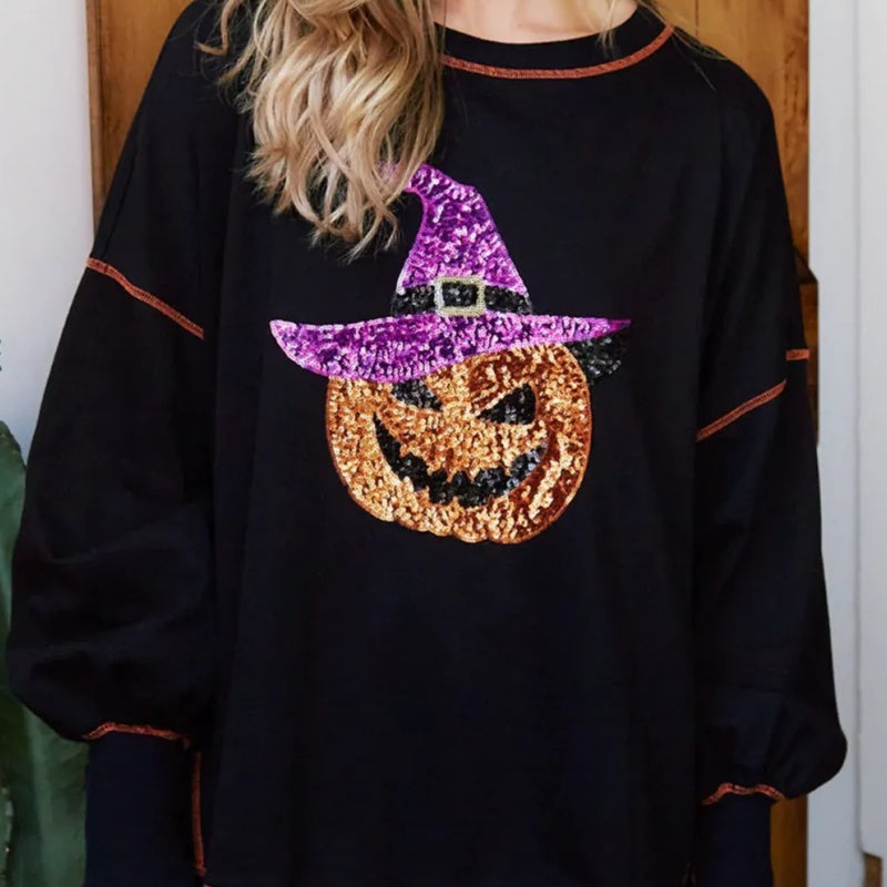 Chic Women's Glittering Pumpkin Wizard Halloween Sweatshirt
