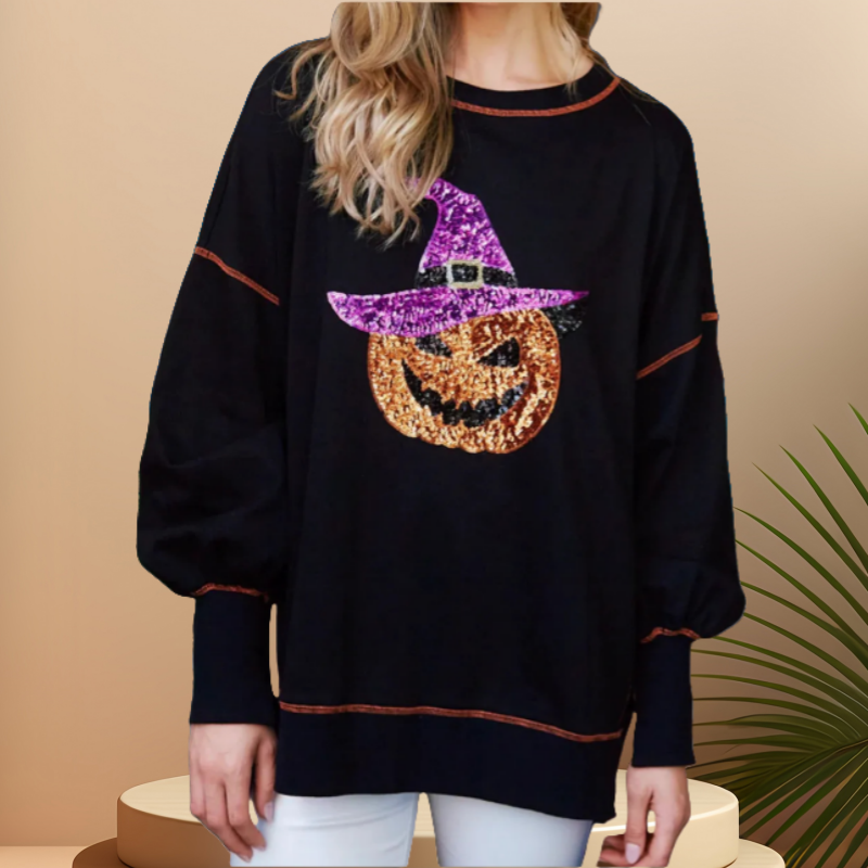 Chic Women's Glittering Pumpkin Wizard Halloween Sweatshirt