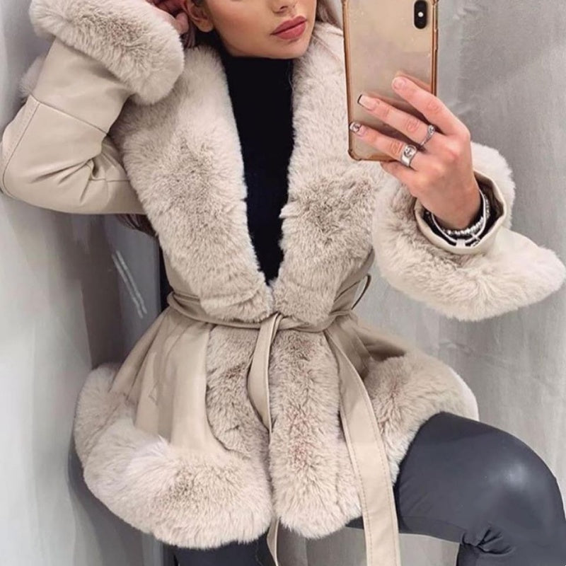 Women's Faux-Leather Coat with Faux-Fur Collar