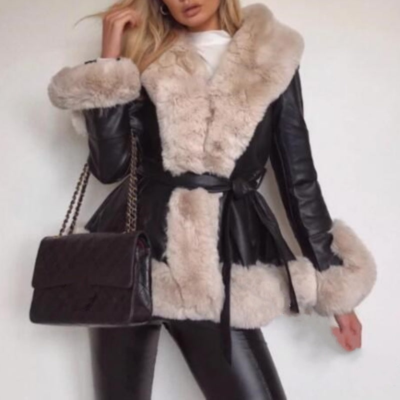 Women's Faux-Leather Coat with Faux-Fur Collar