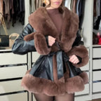 Women's Faux-Leather Coat with Faux-Fur Collar