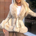 Women's Faux-Leather Coat with Faux-Fur Collar