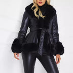 Women's Faux-Leather Coat with Faux-Fur Collar