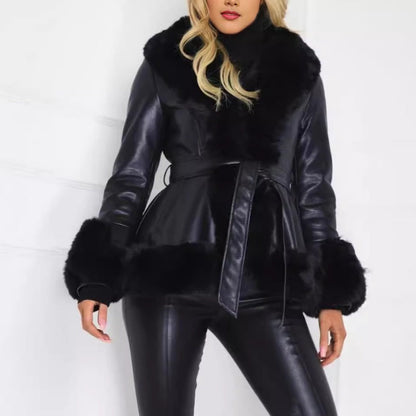 Women's Faux-Leather Coat with Faux-Fur Collar