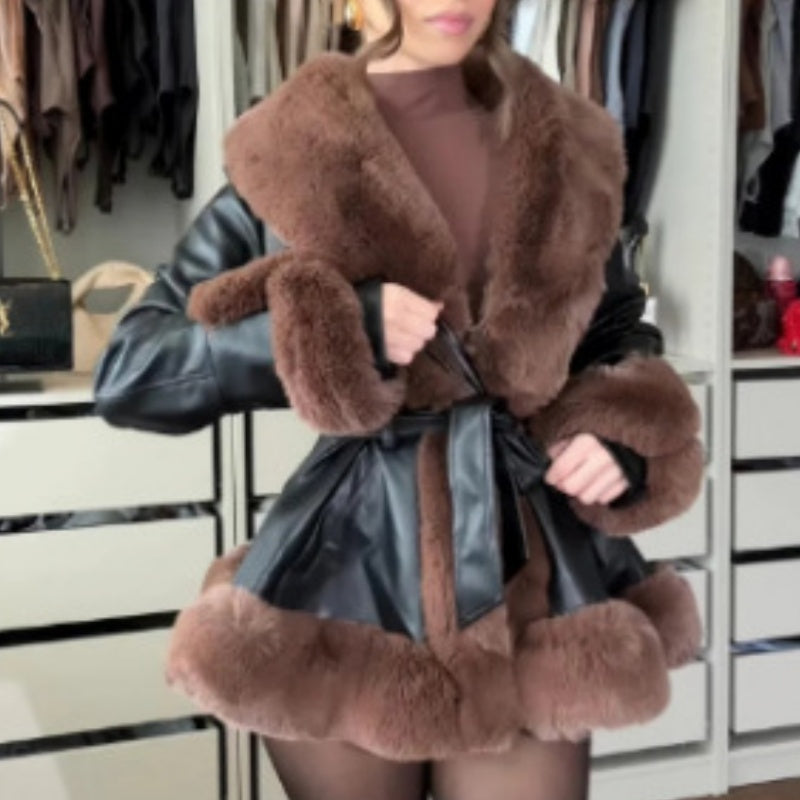 Women's Faux-Leather Coat with Faux-Fur Collar