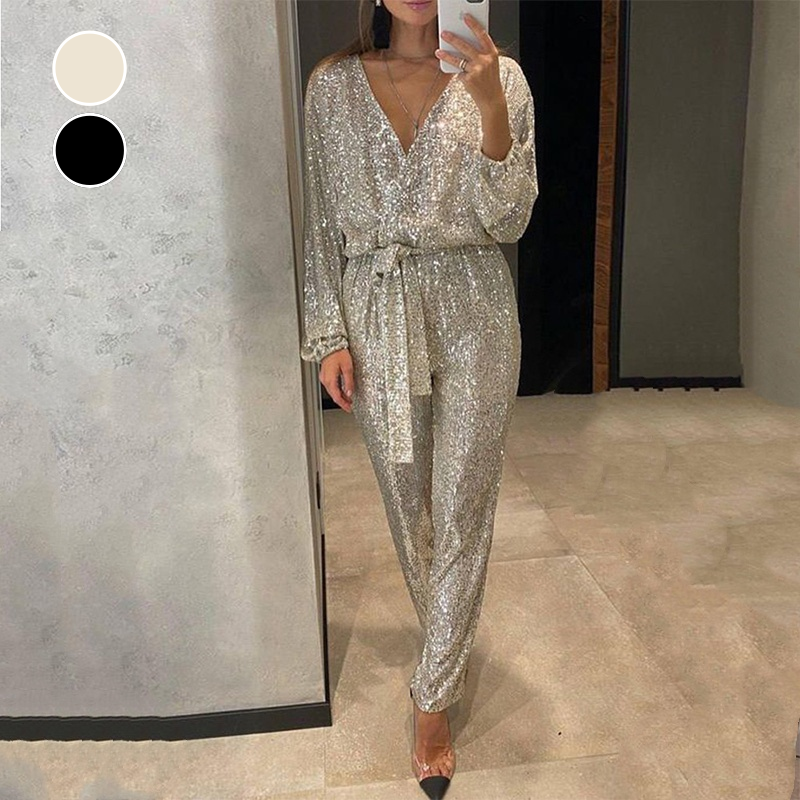 💕Limited Sale 50% OFF💕Women's Sparkly V Neck Belted Jumpsuits