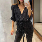 💕Limited Sale 50% OFF💕Women's Sparkly V Neck Belted Jumpsuits