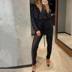 💕Limited Sale 50% OFF💕Women's Sparkly V Neck Belted Jumpsuits
