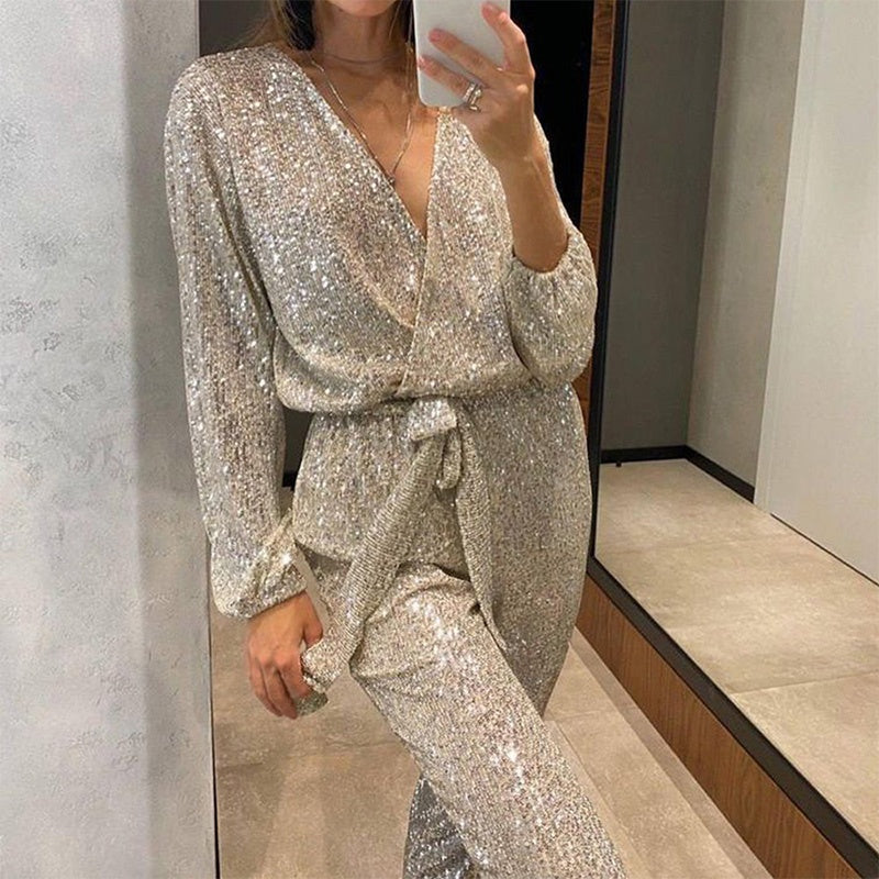 💕Limited Sale 50% OFF💕Women's Sparkly V Neck Belted Jumpsuits