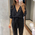 💕Limited Sale 50% OFF💕Women's Sparkly V Neck Belted Jumpsuits