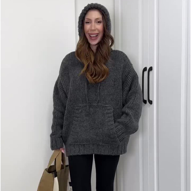 Women's Solid Color Hooded Knitted Sweatshirt