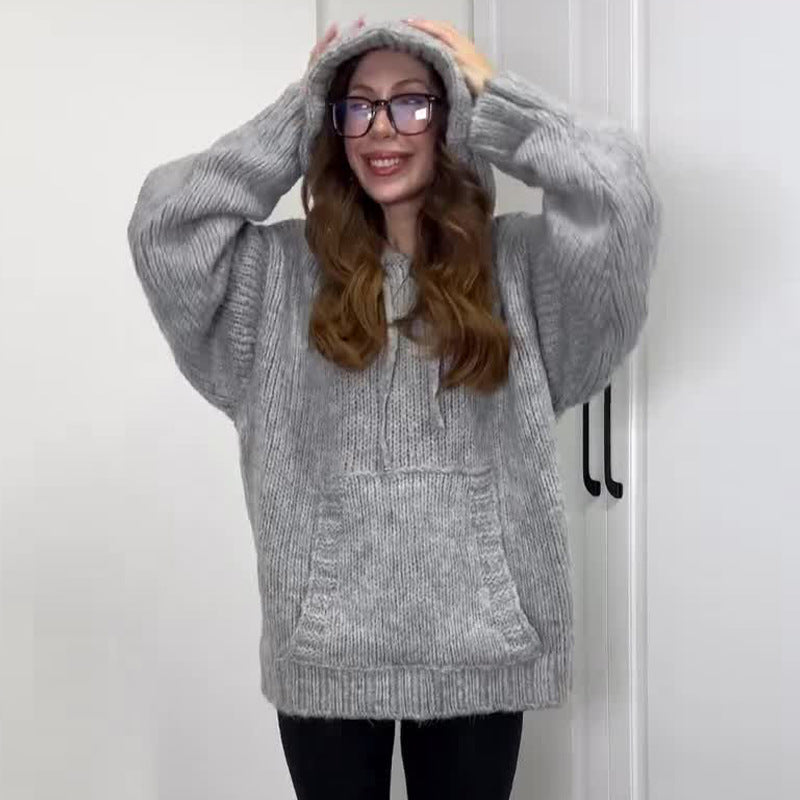 Women's Solid Color Hooded Knitted Sweatshirt