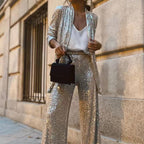 Sequin Open Front Top Wide Leg Pants Set