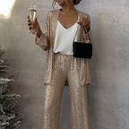 Sequin Open Front Top Wide Leg Pants Set