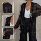 Sequin Open Front Top Wide Leg Pants Set