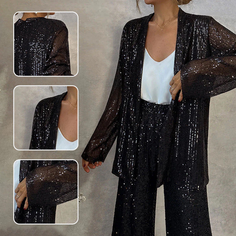Sequin Open Front Top Wide Leg Pants Set