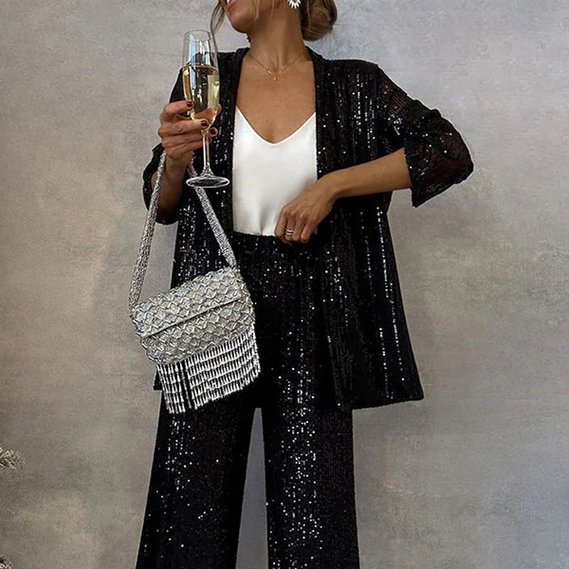 Sequin Open Front Top Wide Leg Pants Set