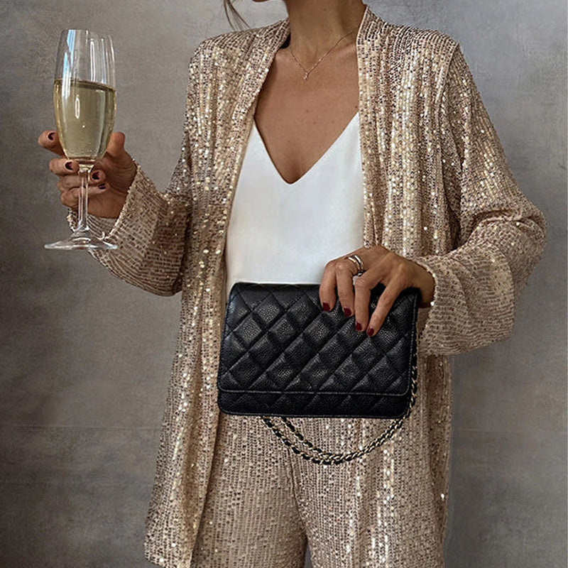 Sequin Open Front Top Wide Leg Pants Set